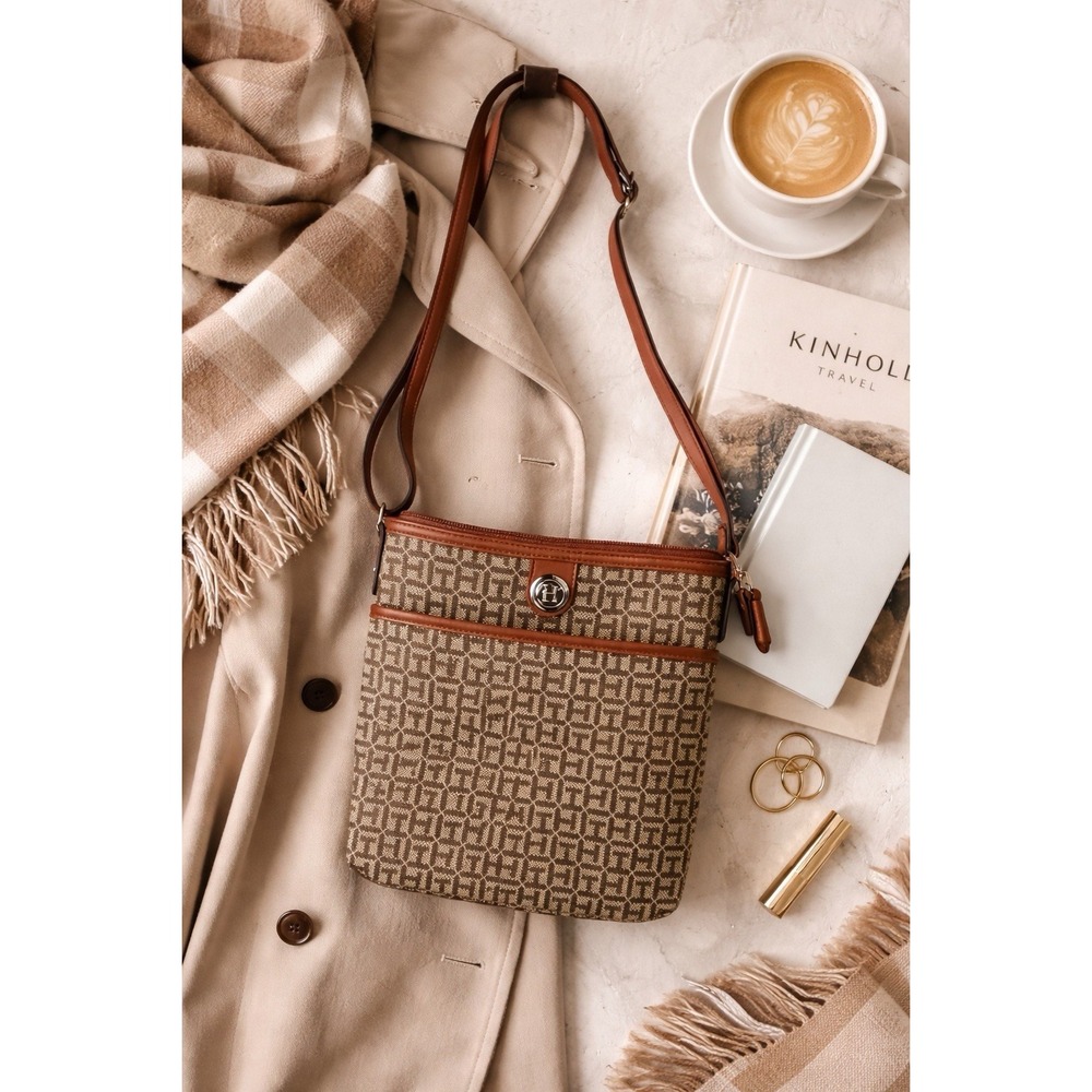 Tommy Hilfiger Crossbody Bag Monogram Canvas Brownβ Leather Trim Zip